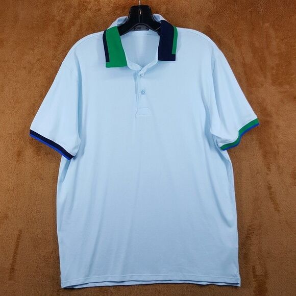 G/Fore G4 Polo Shirt Mens Medium Blue Pique Contrast Banded Sleeve in Daybreak - Picture 2 of 8